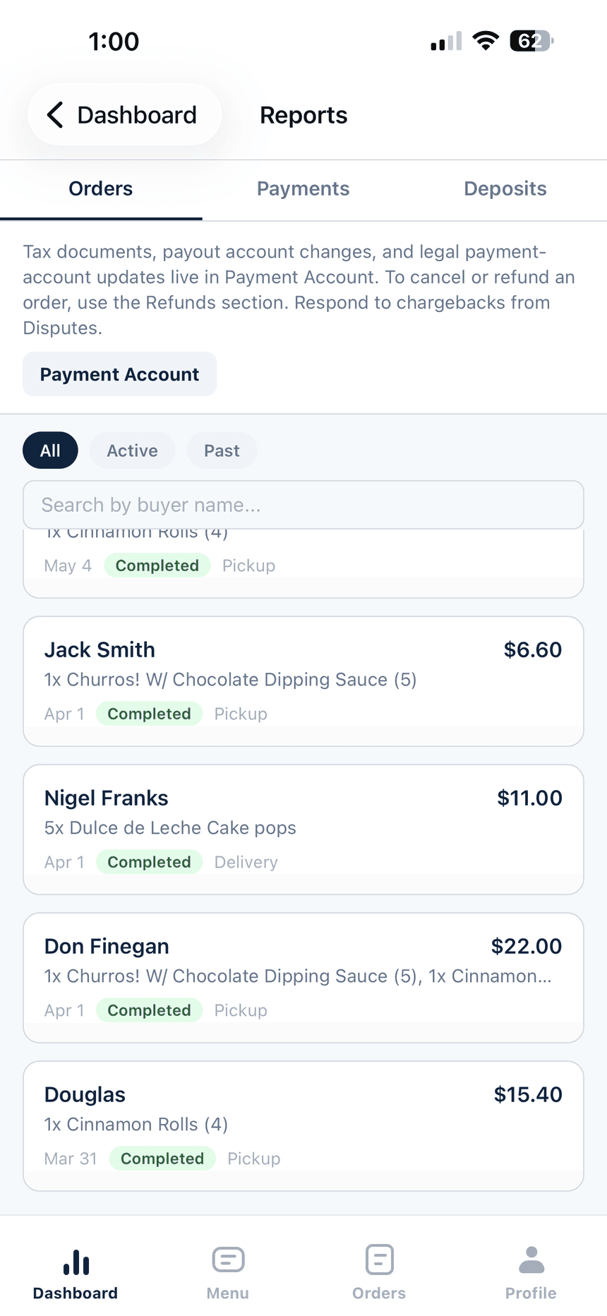 VibeKitchen app — completed orders with buyer names and dollar amounts