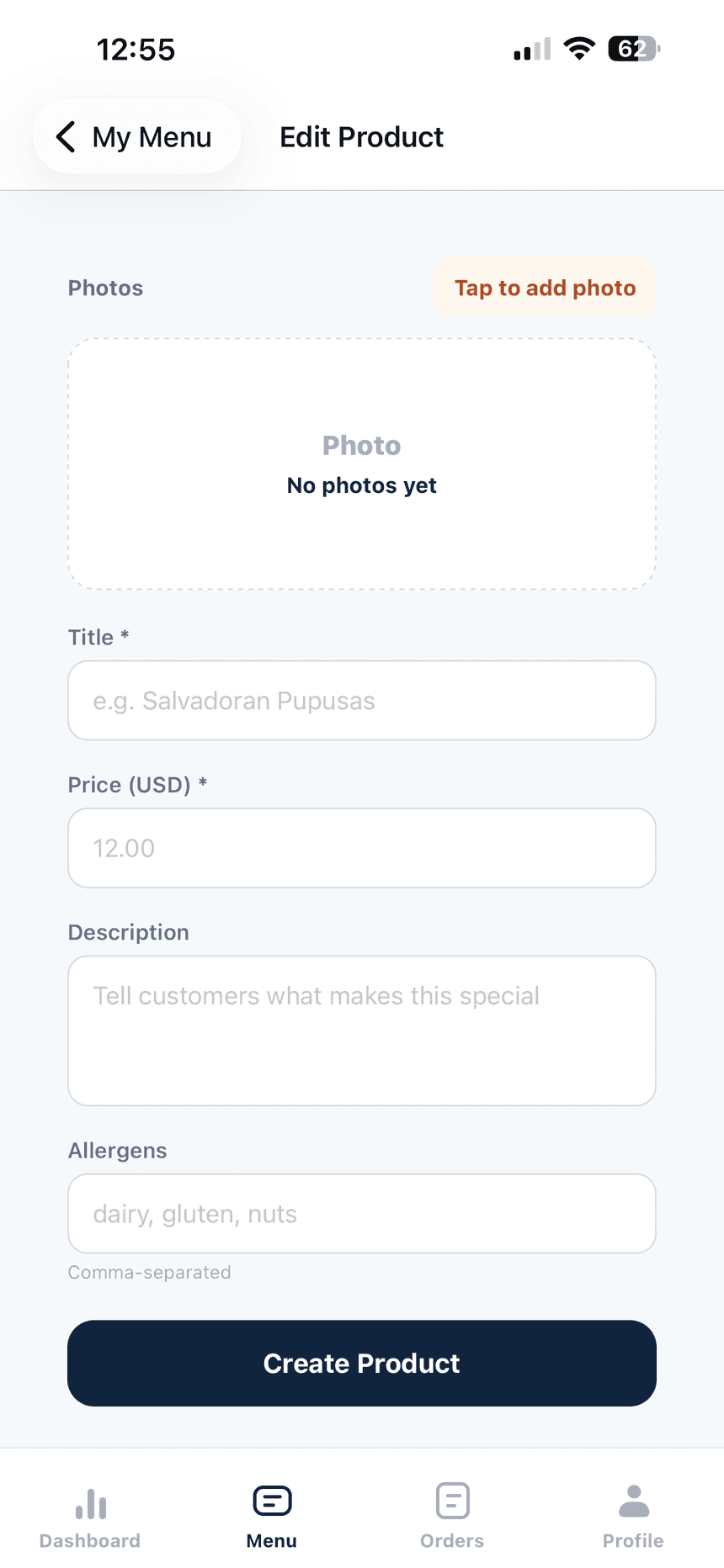 VibeKitchen app — create a product with photo, title, price, description, and allergens