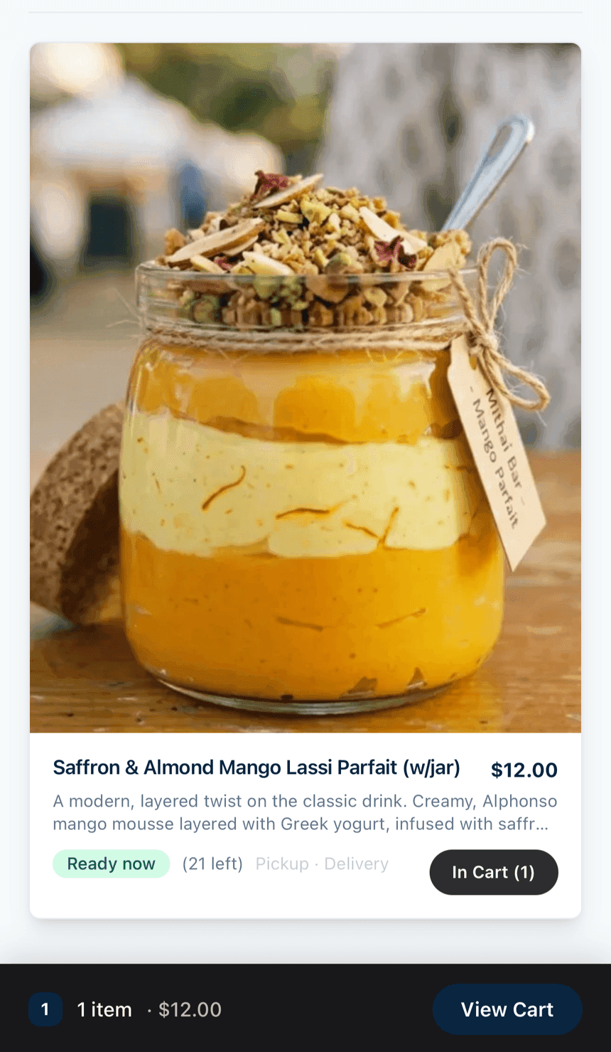 Customer storefront on the web — a dish with price, “Ready now”, and a View Cart bar