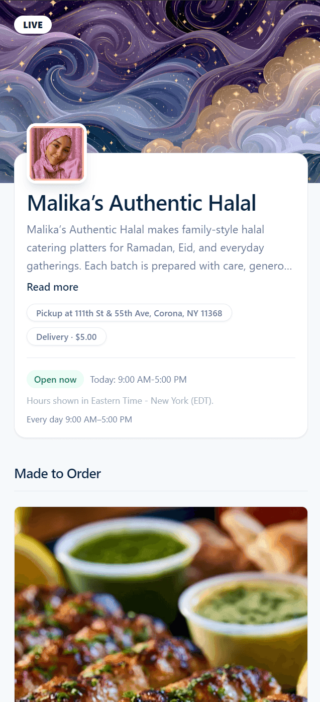 VibeKitchen storefront for Malika's Authentic Halal — cover photo, profile, store hours, and a Made to Order menu