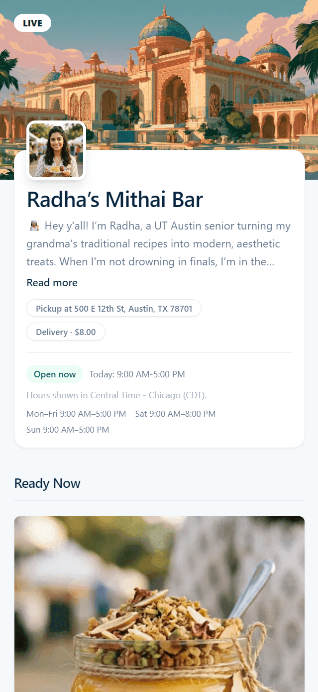 VibeKitchen storefront for Radha's Mithai Bar — cover photo, profile, store hours, and a Ready Now menu