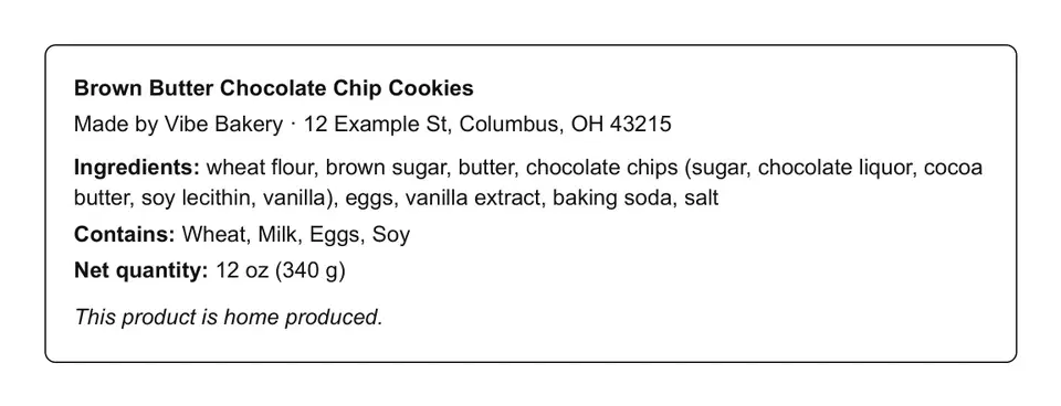 Printed cottage food label with ingredients, allergens, net quantity and Ohio's disclaimer