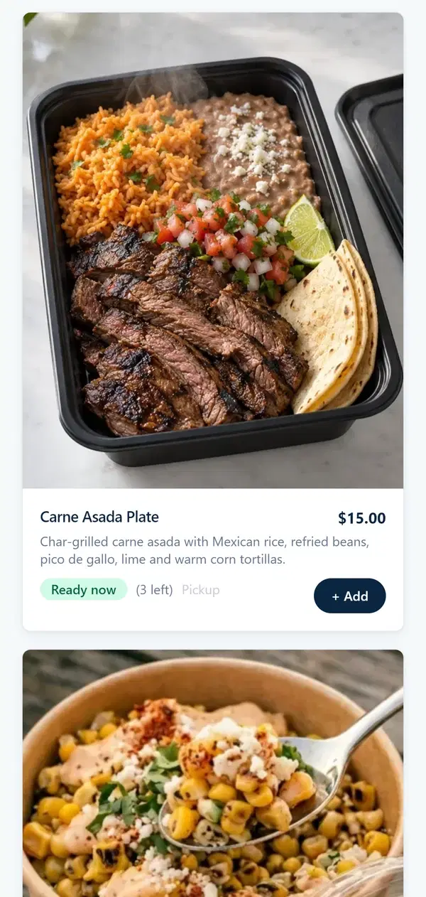 Sample customer menu with photos, prices, availability and Add buttons