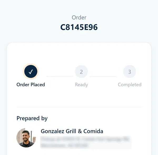 Sample customer order status with the pickup address obscured