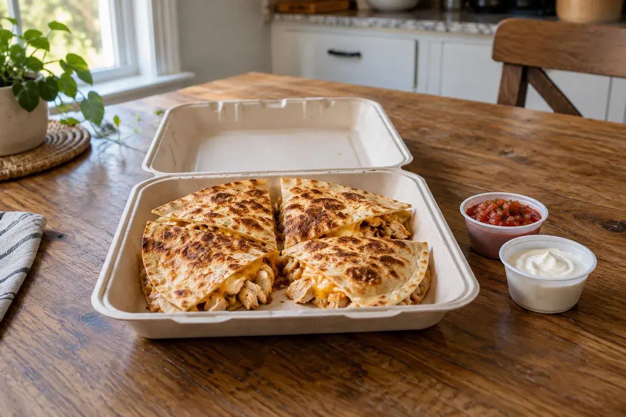 A chicken quesadilla cut into wedges in a takeout container, with salsa and sour cream on the side.