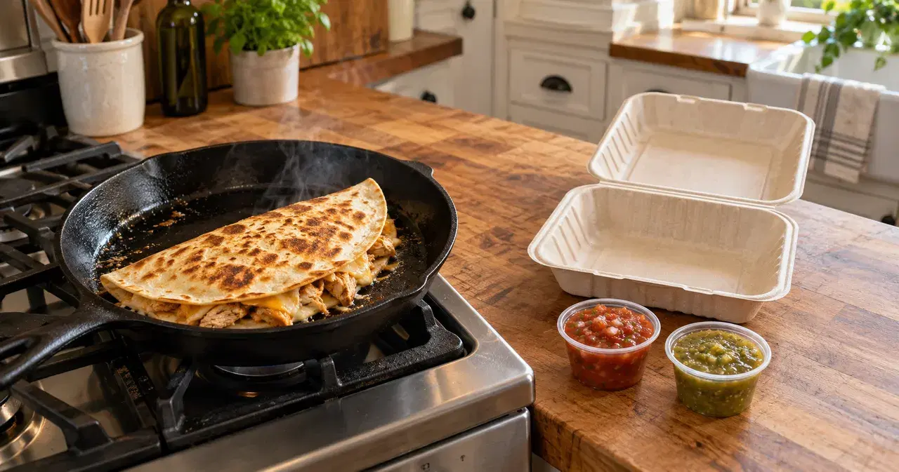 A chicken quesadilla browning in a pan on a home stove, with an open takeout container and cups of salsa waiting beside it.