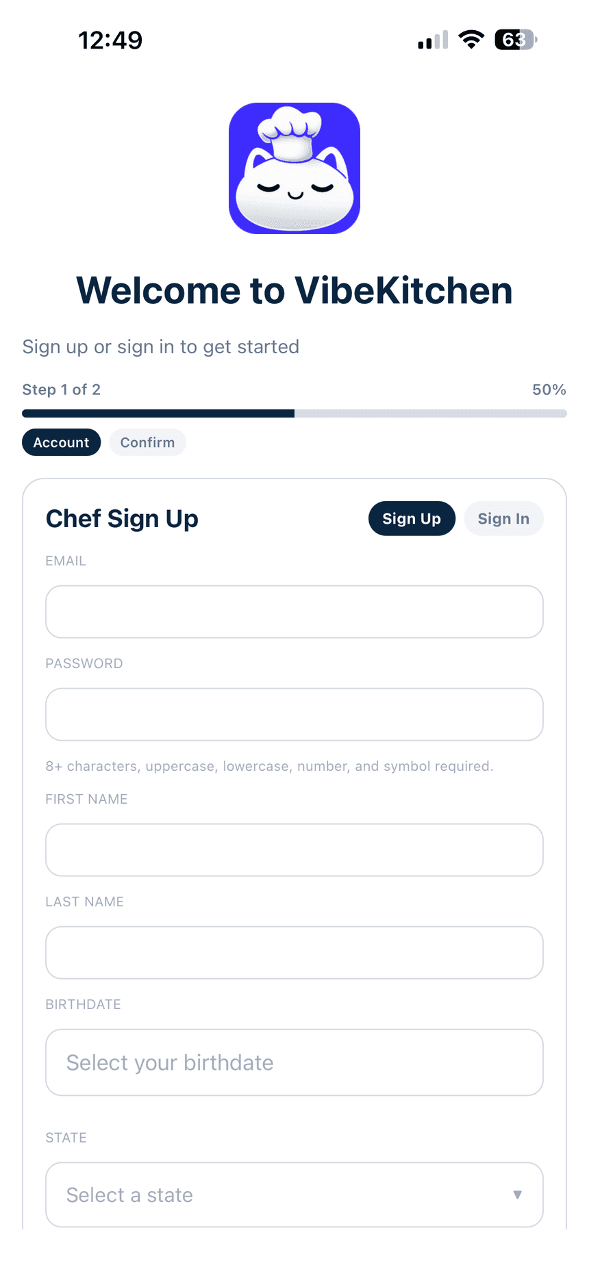 VibeKitchen chef sign-up screen — “Welcome to VibeKitchen”, Chef Sign Up form, Step 1 of 2