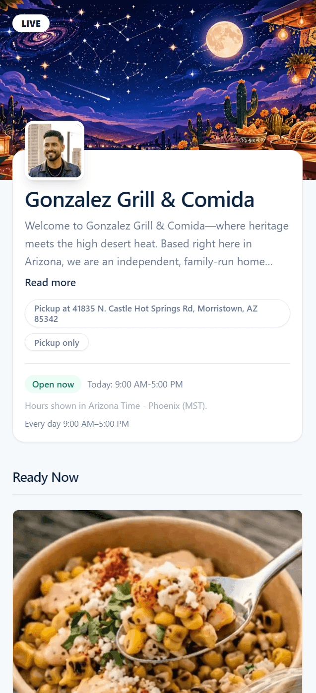 A VibeKitchen storefront — Gonzalez Grill & Comida, the page a chef's customers order from