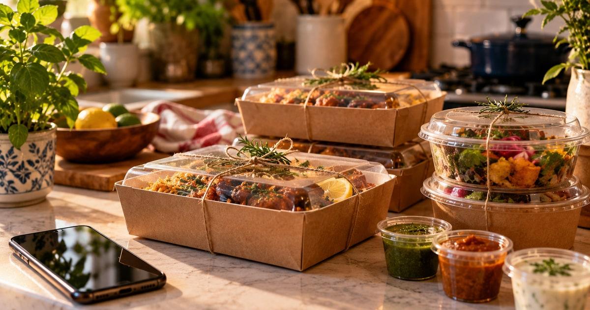Homemade meals packed in to-go boxes on a kitchen counter, with small sauce cups and a phone beside them.