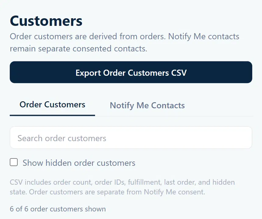 Sample VibeKitchen Customers page with the Export Order Customers CSV button.