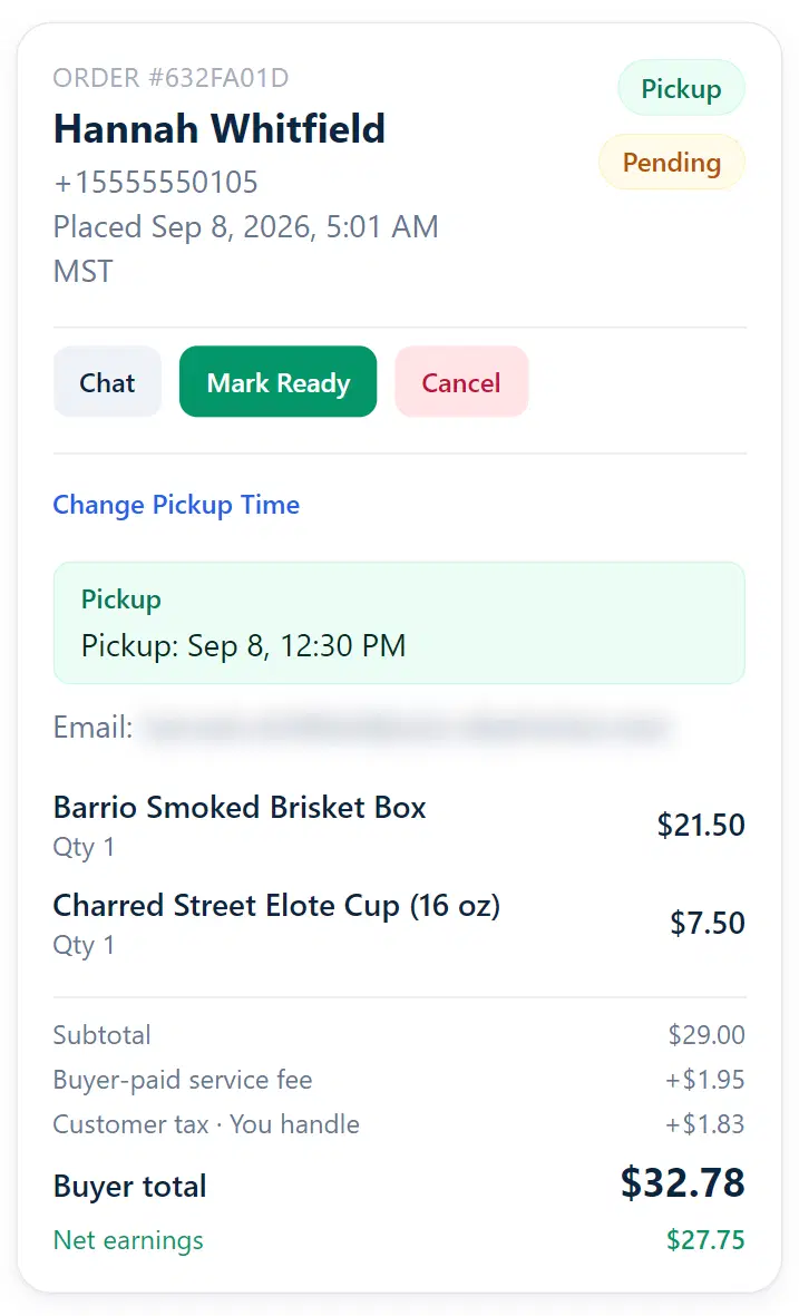 Sample order on the VibeKitchen Orders page showing the buyer, pickup time, items, and totals.