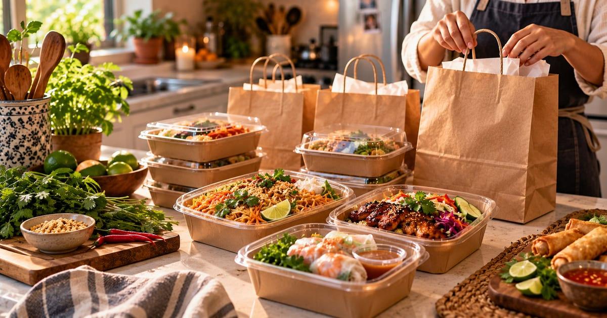 Hands pack a paper bag beside takeout containers of noodles, grilled chicken and spring rolls on a home kitchen counter.