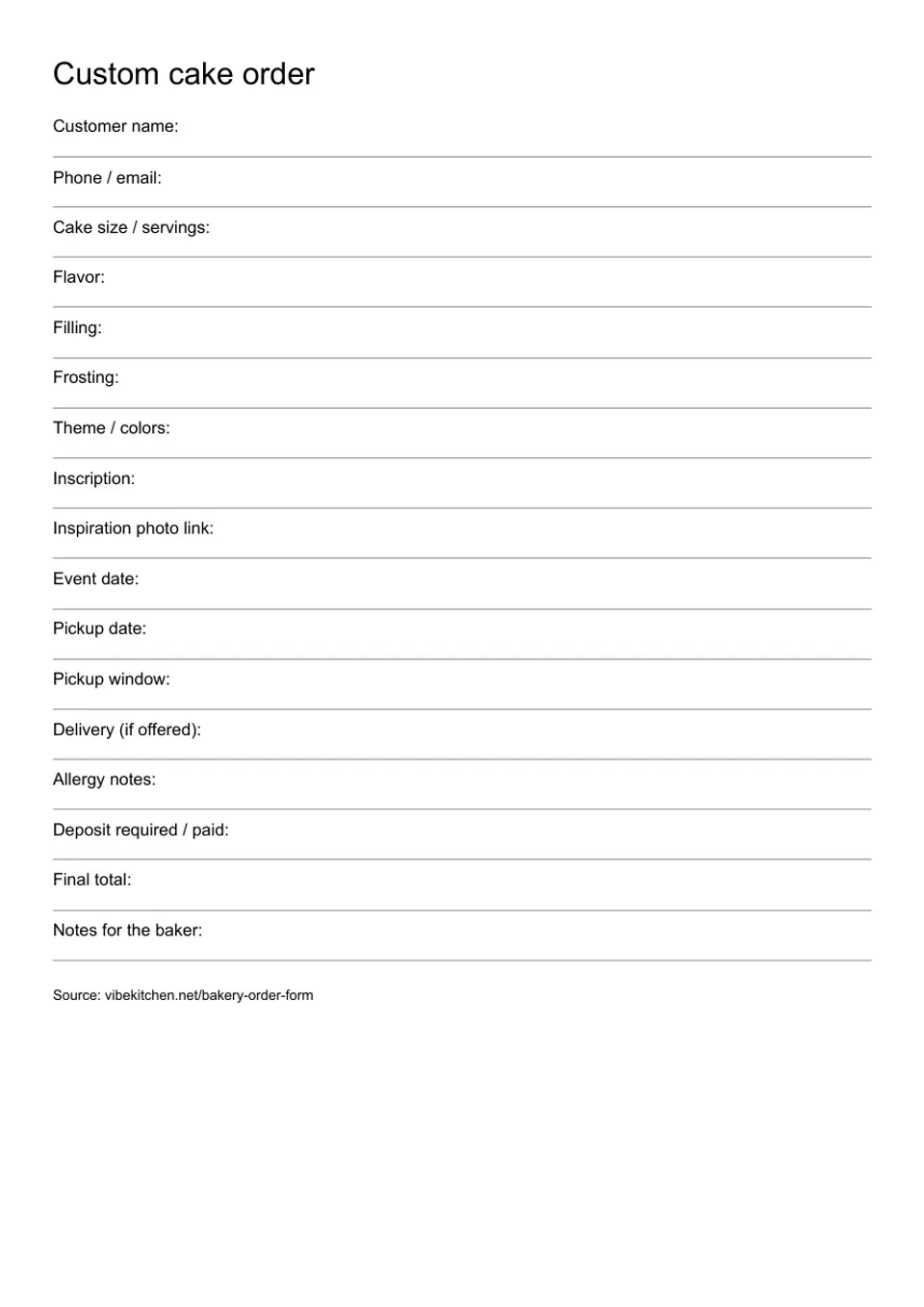 Printed custom cake order form with fields for servings, flavor, pickup date and pickup window