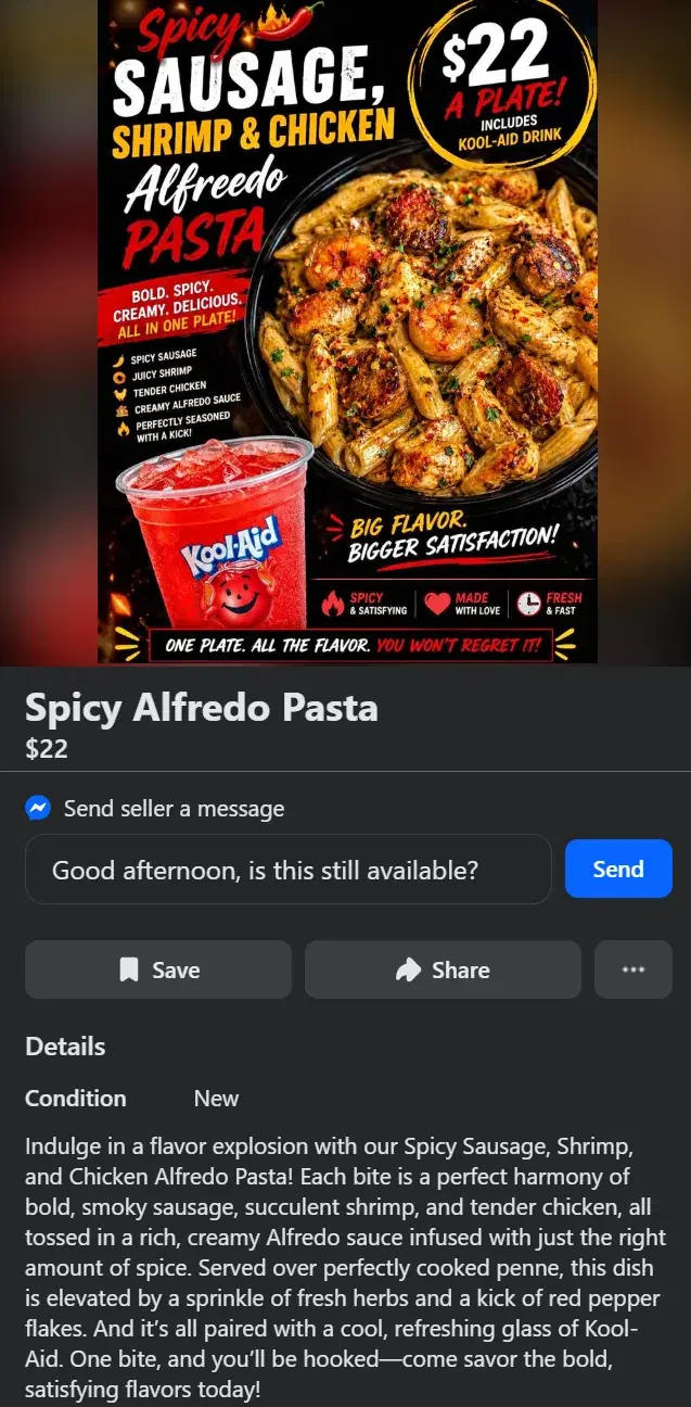 Facebook Marketplace-style spicy Alfredo pasta listing showing a plate price, menu graphic, and seller message box.