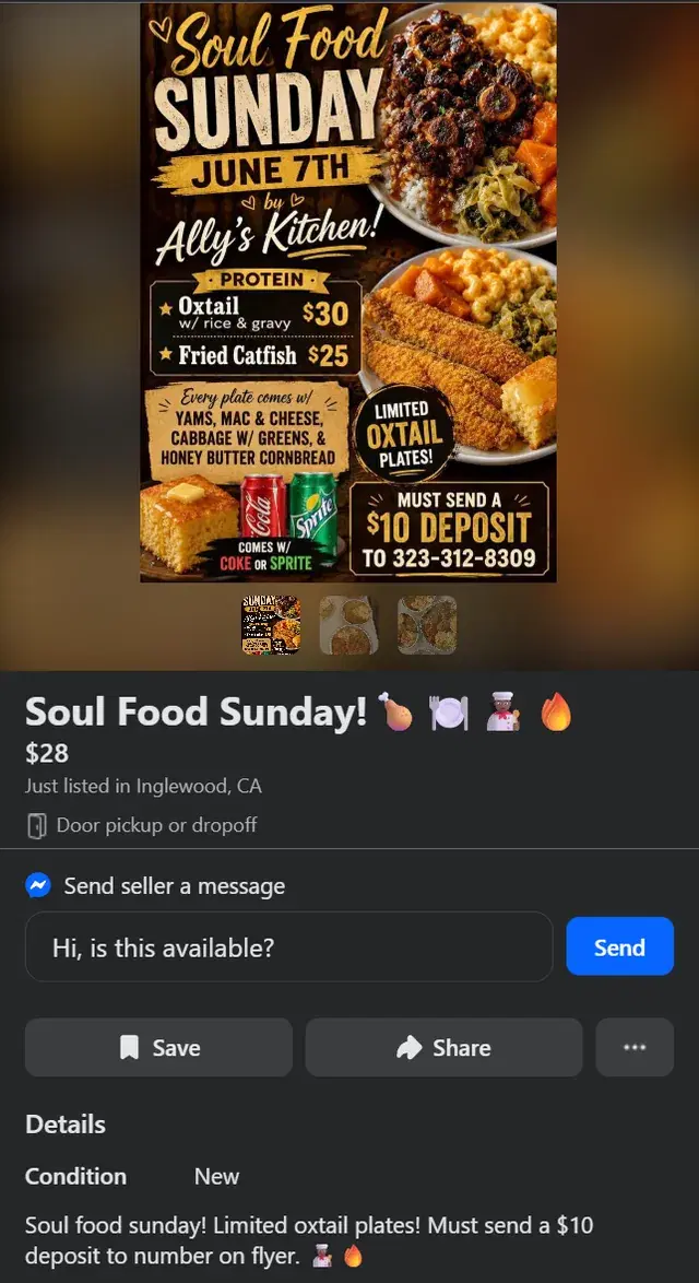 Facebook Marketplace-style soul food plate listing showing a Soul Food Sunday flyer, price, deposit note, and seller message box.