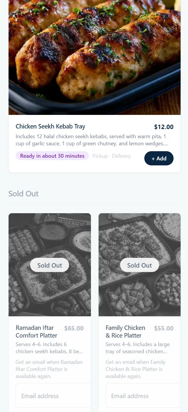VibeKitchen mobile ordering screen showing a chicken kebab tray, add button, sold-out platters, and notify-me email fields.