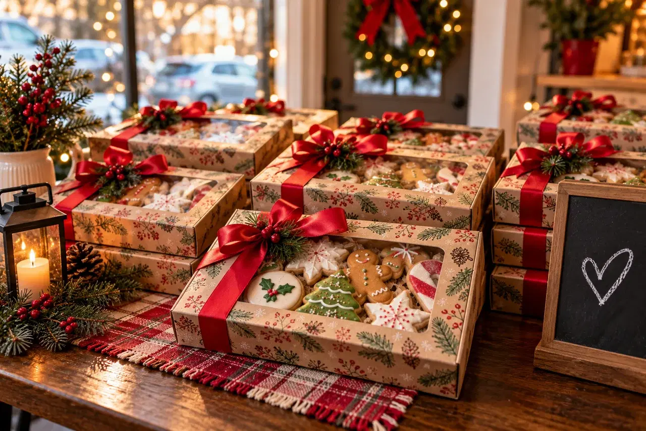 Holiday cookie boxes tied with red ribbons, set out on a table for pickup.