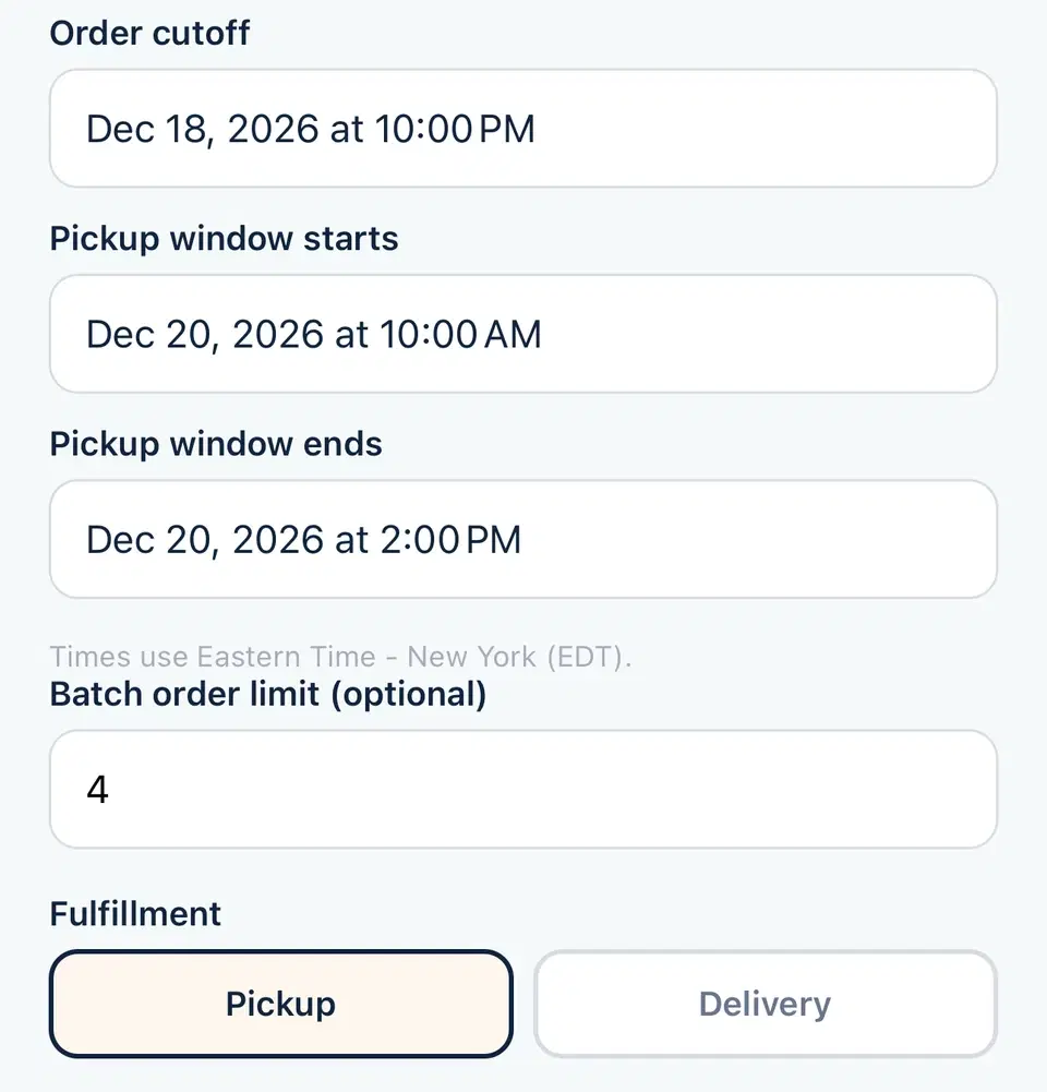 Sample Scheduled Batch setup with an order cutoff, a pickup window, and a batch order limit of 4.