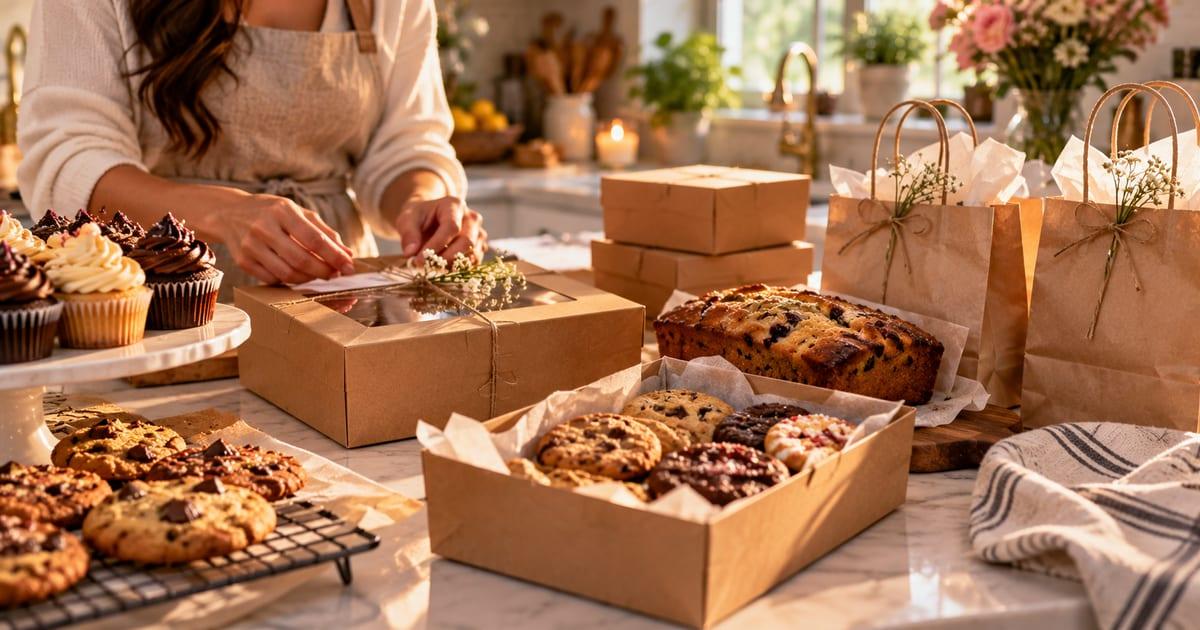 Hands tie a pickup box on a home kitchen counter, next to cupcakes, chocolate chip cookies, a loaf and paper bags.
