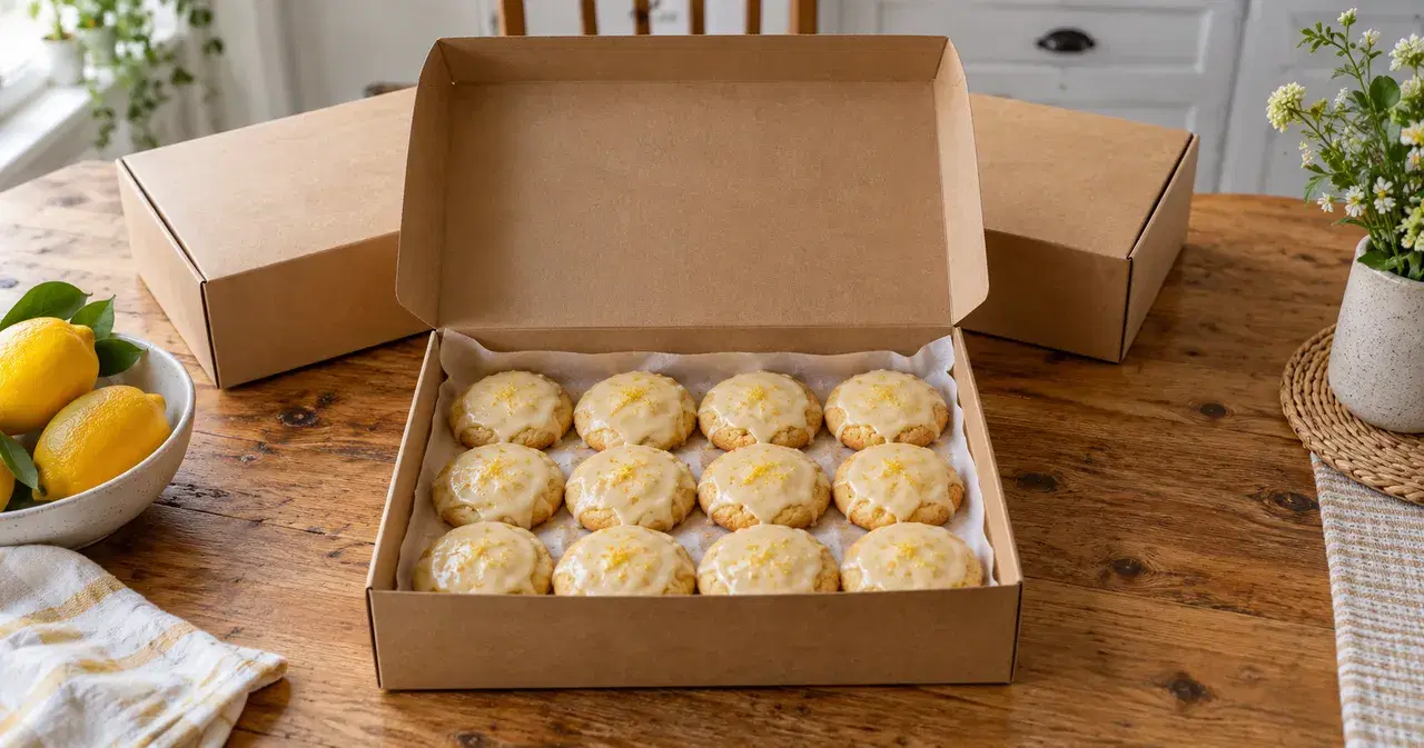 A box of a dozen glazed lemon cookies ready for pickup, with more boxes and lemons on the table.