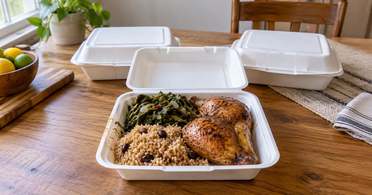 A home-cooked plate of roast chicken, rice and greens in a takeout container, with more packed plates behind it.