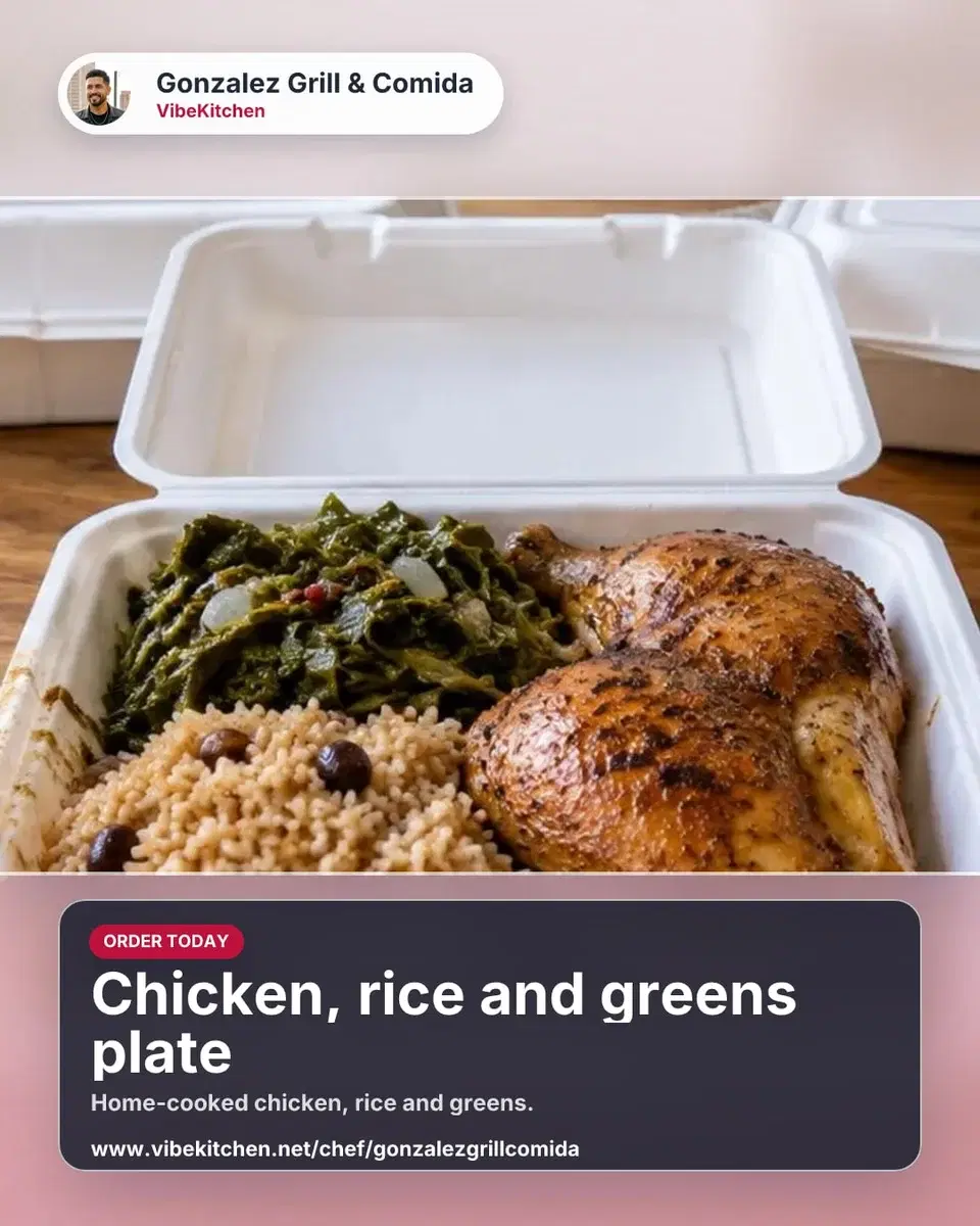 Sample Facebook Post / Group Kit image: the chicken, rice and greens plate with the store name, an Order today label and the order link.