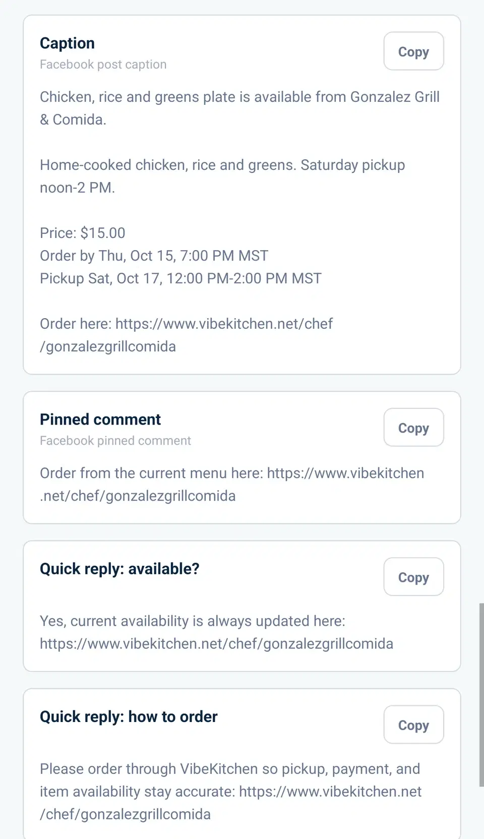 The kit caption, pinned comment and quick replies in the VibeKitchen app. The caption lists Price: $15.00, Order by Thu, Oct 15, 7:00 PM MST, and Pickup Sat, Oct 17, 12:00 PM-2:00 PM MST.