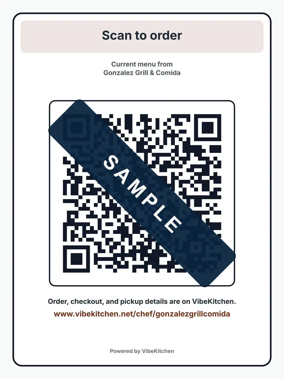 Sample Print Sign Kit sign: Scan to order, a QR code covered by a Sample band, and the storefront address written out.