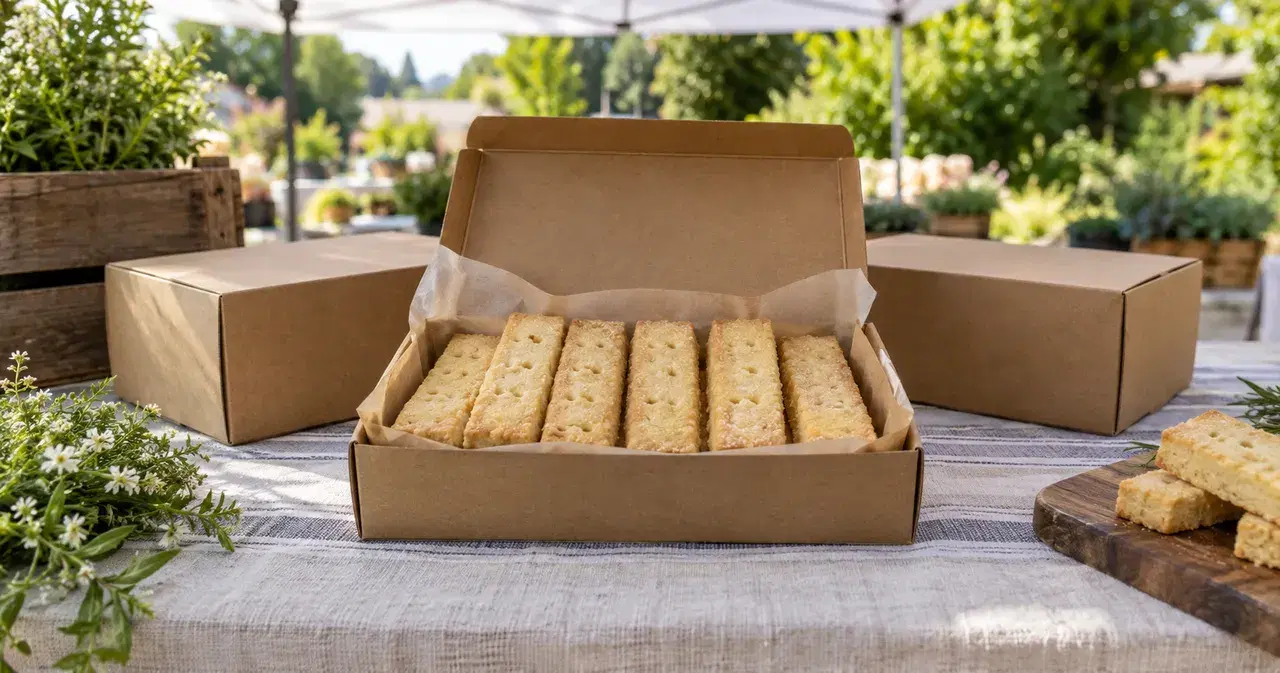 An open box of shortbread fingers on a farmers-market table, with more boxes and greenery around it.