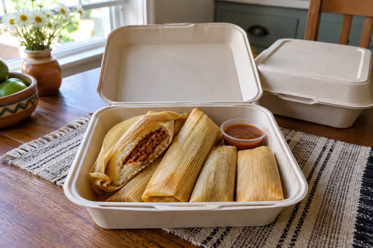 Homemade tamales packed in a takeout container with a cup of salsa, one opened to show the filling.