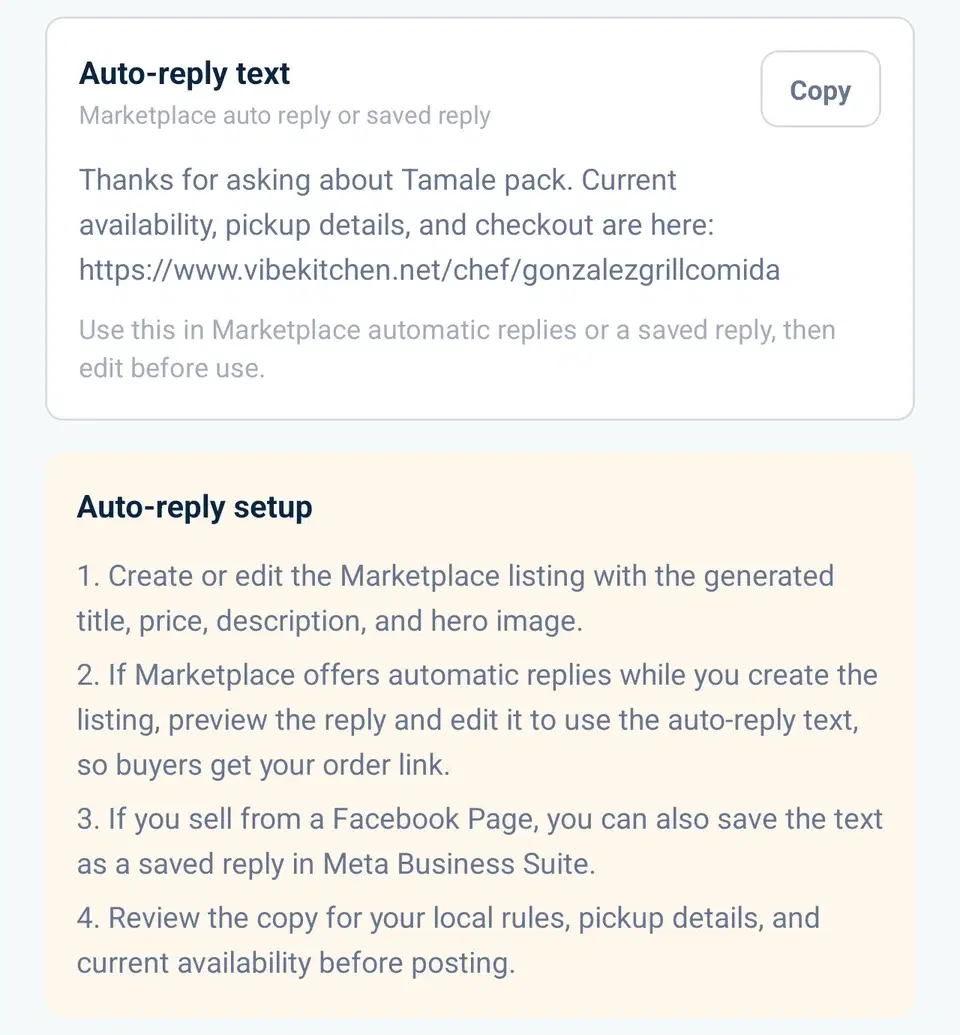 The kit auto-reply text with the order link, and setup steps for Marketplace automatic replies and Meta Business Suite saved replies.