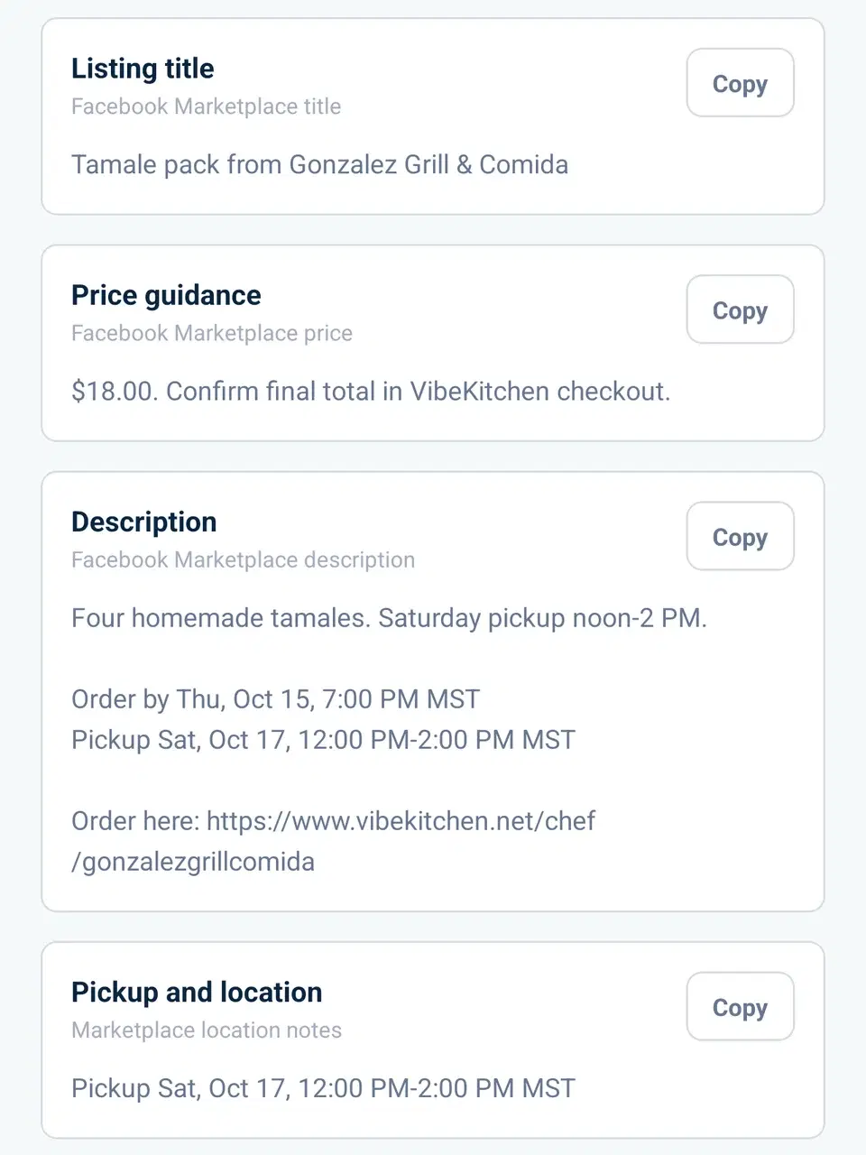 Marketplace listing fields from the kit in the VibeKitchen app: title, price, a description with Order by Thu, Oct 15, 7:00 PM MST and the pickup window, and the pickup note.