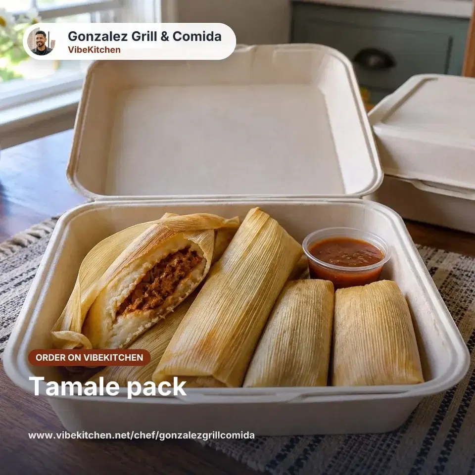 Sample Facebook Marketplace Listing Kit hero image: the tamale pack with the store name and an Order on VibeKitchen label.
