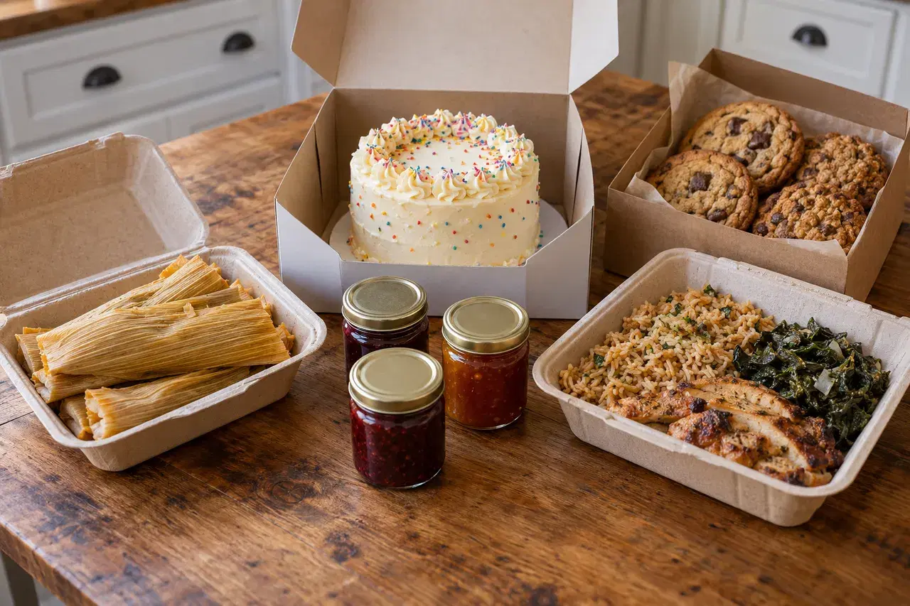 A kitchen table of homemade food packed for pickup: tamales, a plate lunch, a decorated cake, a box of cookies and jars of jam.