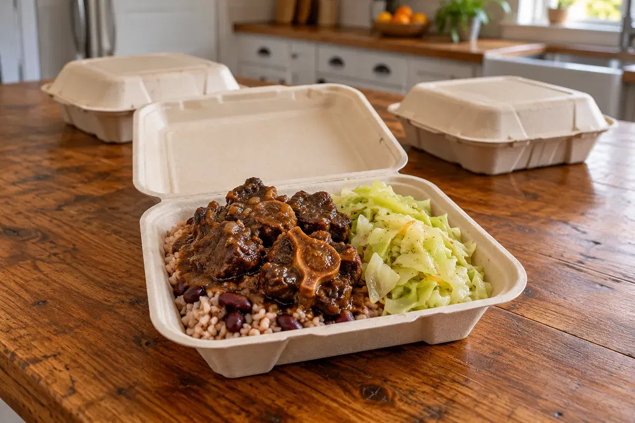 A plate lunch of oxtails, rice and peas, and steamed cabbage in a takeout container.