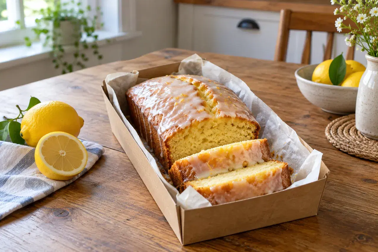 A glazed lemon loaf in a paper-lined box, with two slices cut.