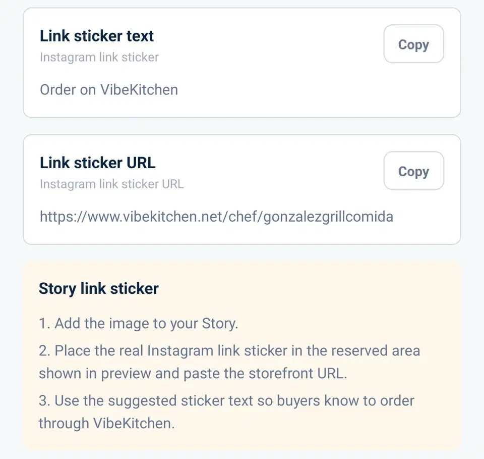 The Story kit link sticker text and URL in the VibeKitchen app, with steps for adding Instagram's link sticker.