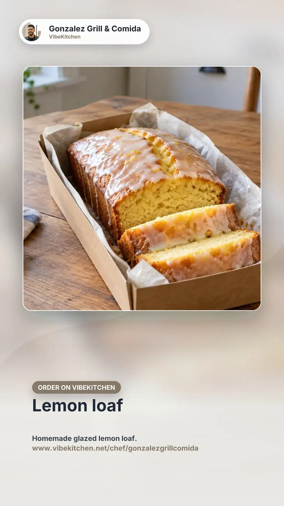 Sample Instagram Story Order Kit image: the lemon loaf with the store name, an Order on VibeKitchen label, and space for a link sticker.