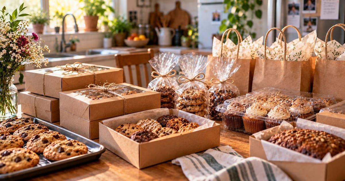 Homemade cookies, cupcakes and loaves packed in boxes, bags and clear containers on a kitchen table, ready for pickup.